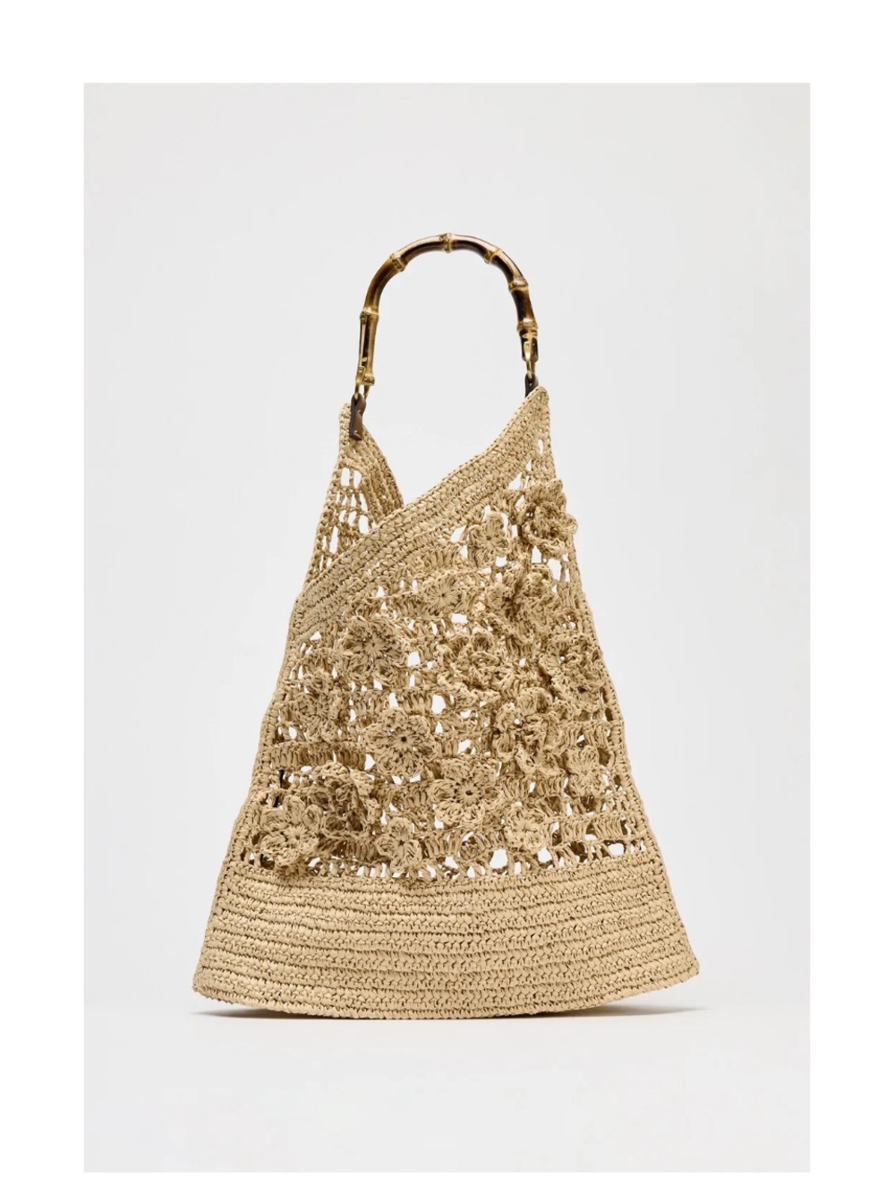 NWT!! Zara 2025 s/s Floral Woven Tote in Beige with Brown bamboo handle